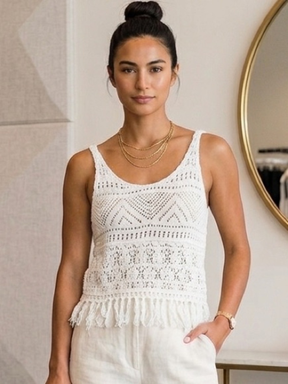 Mossimo Supply Co. White Crochet Fringe Tank Top, Size Small